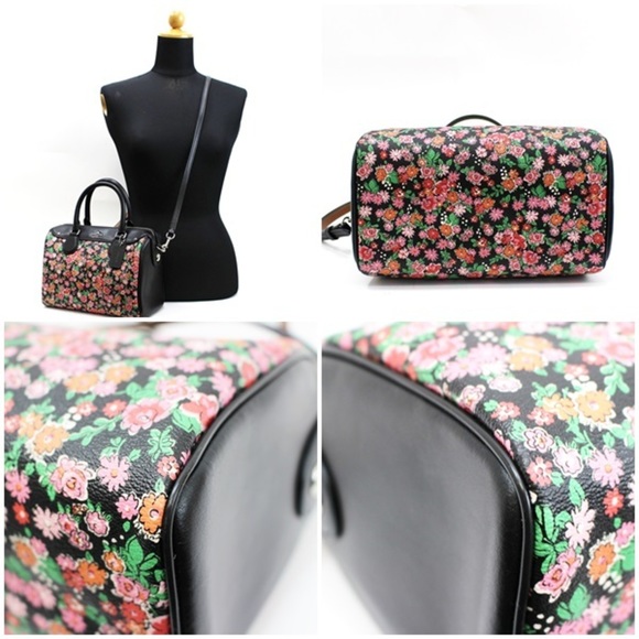 COACH Handbag Shoulder Bag Floral Print Mini Satchel PVC x Leather Black F57882 - Picture 3 of 4